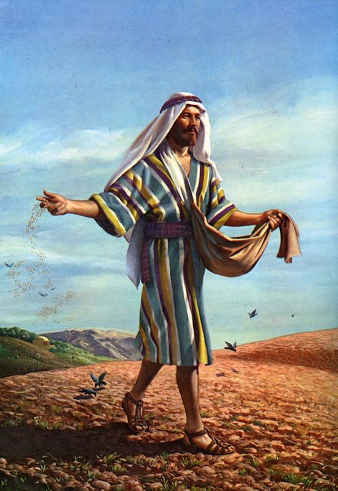 Matthew 13:3 - "And he spake many things unto them in parables, saying, Behold, a sower went forth to sow;" Parable Of The Sower, Matthew 13, Biblical Artwork, Uplifting Bible Verses, Bible Images, Bible Pictures, Jesus Stories, Bible Story, Biblical Art