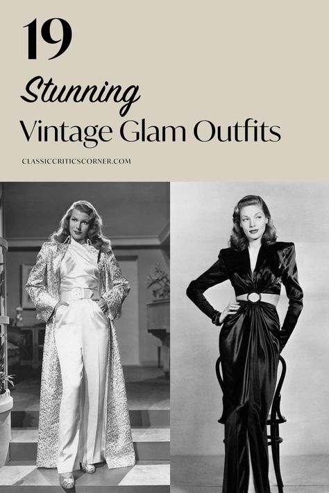 image of women with text overlay "19 stunning vintage glam outfits" 1920s Hollywood Fashion, 1930s Party Dress, Old Hollywood Inspired Outfits, Vintage Vegas Outfit, Vintage Hollywood Glamour Dress, Old Hollywood Aesthetic Fashion, Hollywood Glam Outfit Ideas, Old Hollywood Outfit Ideas, Vintage Outfits 1930s