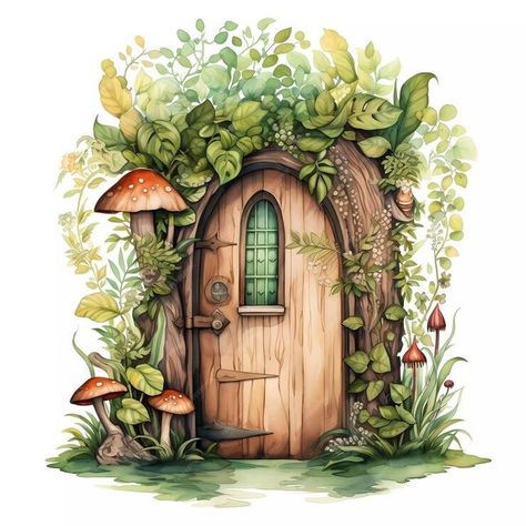 Clip Art For Journaling, Fairy Door Watercolor, Fairy Garden Illustration Artworks, Fairy Door Painting Ideas, Magical Garden Painting, Fairytale Drawing Ideas, Fairy Door Illustration, Magical Door Drawing, Fairy House Watercolor