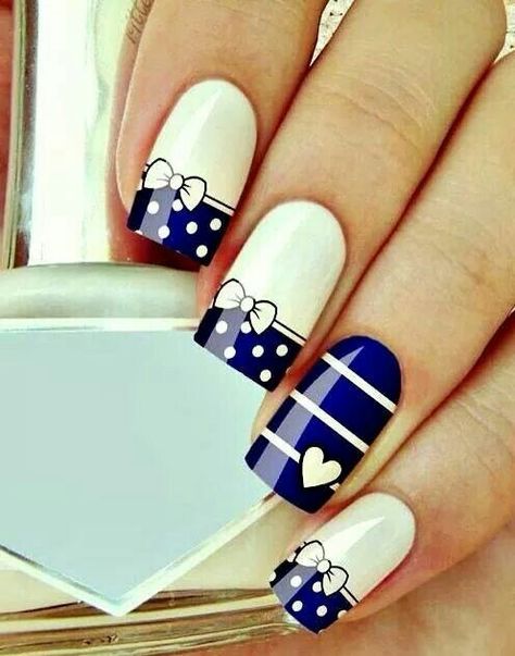 Navy blue & white bows and hearts Blue Nail Art Designs, Blue And White Nails, Cute Nail Art Designs, Her Nails, Get Nails, Cute Nail Art, Fabulous Nails, Beautiful Nail Art, Fancy Nails