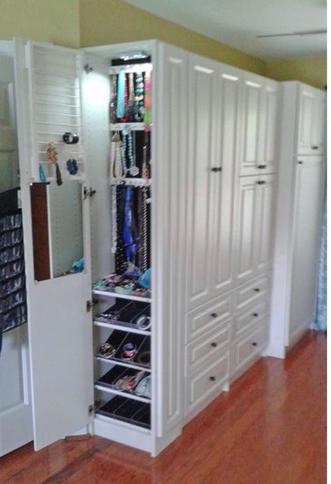 Pull Out Jewelry Storage, Jewellery Storage In Wardrobe, Built In Jewelry Cabinet, Built In Jewelry Storage In Closet, Ikea Jewelry Storage, Makeup Storage Cabinet, Hidden Jewelry Storage, Jewelry Storage Cabinet, Hidden Closet