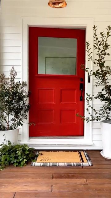 Red Front Door Paint Color, Red Doors On Houses, New Front Door, Red Front Door, Front Door Paint Colors, Coastal House, Door Paint Colors, Painted Front Doors, Emily Henderson