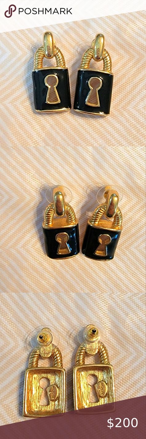 VINTAGE BIJOUX GIVENCHY GOLD TONE/BLACK ENAMEL  SKELTON KEY LOCK EARRINGS Skeleton Key Lock, Skelton Key, Lock Earrings, Givenchy Jewelry, Earrings Classic, Key Lock, Skeleton Key, Black Enamel, Givenchy