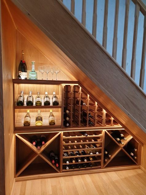 Basement Stairs Wine Storage, Wine Bar Under Stairs Ideas, Staircase Wine Rack, Wine Cave Under Stairs, Wine Cellar Below Stairs, Home Bar Wine Racks, Under Stairs Drinks Storage, Under Stairs Ideas Wine, Lockable Wine Storage