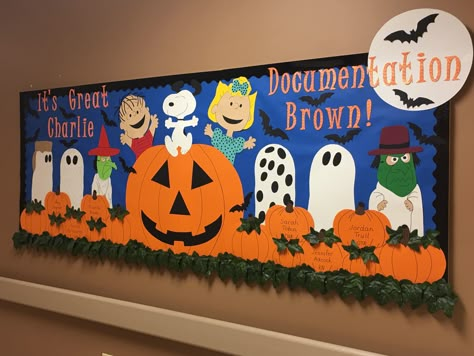 Charlie Brown/Halloween/Pumpkin Bulletin Board-October 2018 Halloween Wall For School, Halloween Themed Cubicle, Charlie Brown Great Pumpkin Bulletin Board, Halloween Office Bulletin Board Ideas, Great Pumpkin Charlie Brown Bulletin Board, Charlie Brown Halloween Bulletin Boards, Peanuts Fall Bulletin Board, Great Pumpkin Bulletin Board, Charlie Brown Halloween Door Decorations