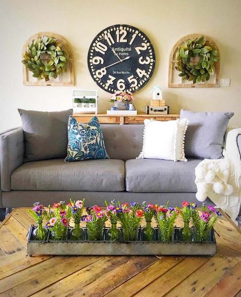 Large Clock With Windows And Wreaths Family Room Wall Decor Behind Couch, Wall Decor Behind Couch, Family Room Wall Decor, Big Wall Decor, Rustic Farmhouse Living Room, Family Room Walls, Living Room Decor Rustic, Entertainment Center Decor, Wall Decor Ideas