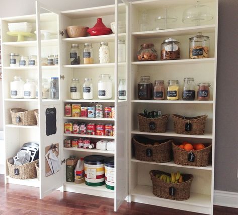 using bookcases in kitchens | DIY Pantry using IKEA Billy Bookcases | For the Home Bookshelf Pantry, Pantry Cabinet Ikea, Ikea Kitchen Cupboards, Ikea Kitchen Pantry, Ikea Pantry Organization, Ikea Organisation, Pantry Hacks, Ikea Kitchen Storage, Ikea Billy Hack