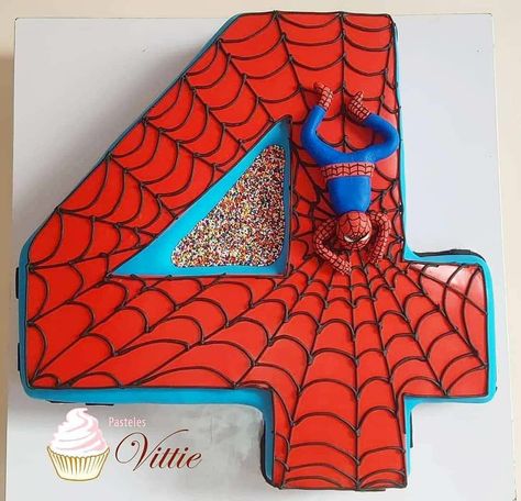 Number 4 Spiderman Cake, Cake With Spiderman, Spider Man Cake, Spiderman Birthday Cake, Spider Man Birthday, Kids Birthday Cake, Man Cake, Boys 1st Birthday Party Ideas, 4th Birthday Cakes