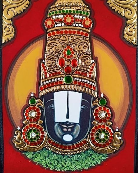 Perumal Tanjore Painting, Tanjavur Painting All Gods, Small Tanjore Painting, Perumal Painting, Lord Balaji Painting, Balaji Drawing, Balaji Painting, Mysore Painting, Indian Traditional Paintings