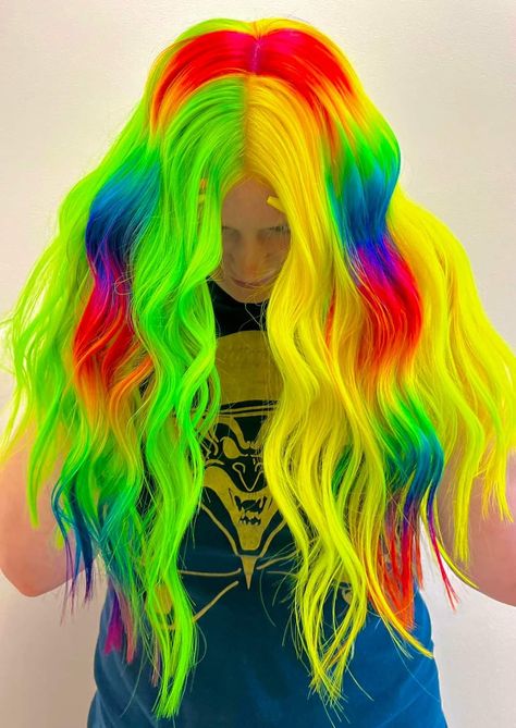 Short Vivid Hair, Crazy Hair Dye, Glitch Hair, Kidcore Hair, Checkerboard Hair, Neon Hair Color, Hair Color Placement, Vivid Hair, Colorful Hairstyles