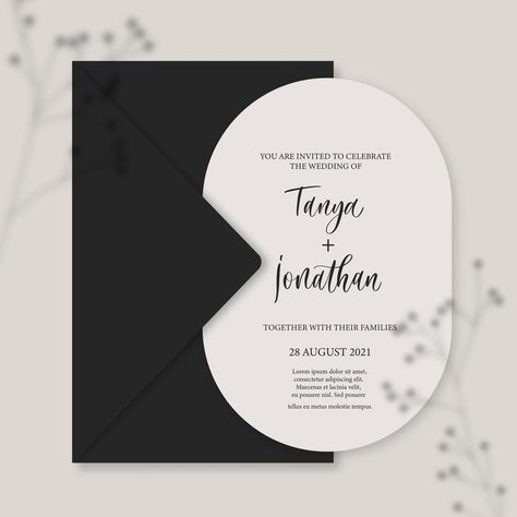 Modern wedding invitation, black wedding invitation template, arch shape with Gypsophila shadow and handmade calligraphy. Wedding Invitation Black, Black Wedding Invitation, Funny Wedding Invitations, Arch Shape, Laser Cut Invitation, Modern Wedding Invitation, Black Wedding Invitations, Photoshop Template, Modern Wedding Invitations