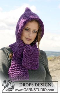 Modèles gratuits par DROPS Design, à adpater pour enfant avec laine ESKIMO ? Cap Scarf Patterns, Crochet Hooded Scarf, Salou, Hooded Scarf, Knitted Hood, Scarf Knitting Patterns, Cowl Scarf, Hat Scarf, Knitted Hat