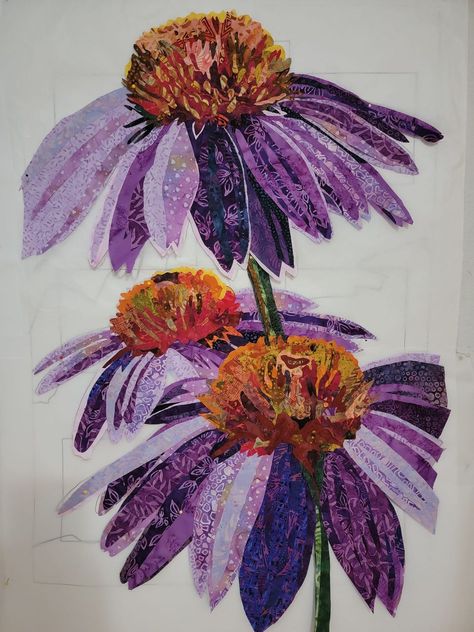 Fabric Collage Patterns, Fabric Art Tutorials, Freehand Machine Embroidery, Embroidery Lessons, Fiber Art Quilts, Collage Art Projects, Paper Collage Art, Flower Quilts, Diy Flower Pots