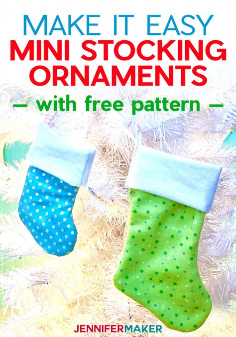 Make Mini Stocking Ornaments with Loops with a free pattern and SVG cut file — includes a lining and functional cuff! #sewing #cricut #christmas Crochet Christmas Ornaments Free Patterns, Christmas Stocking Pattern Free, Stocking Pattern Free, Christmas Stockings Sewing, Stocking Ornaments, Jennifer Maker, Crochet Christmas Ornaments Free, Mini Christmas Stockings, Scissors Design