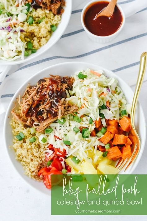 A BBQ Pulled Pork Bowl is the perfect easy and delicious weeknight dinner idea. It has a great combination of flavors and textures and it's quick to pull together!#pork #porkrecipes #quinoa #quinoarecipes #ricebowls #easyrecipe #easydinner #easydinnerrecipes Pork Quinoa Bowl, Pulled Pork Bowl, Recipe Pulled Pork, Pork Bowl Recipe, Coleslaw For Pulled Pork, Pork Bowl, Easy Coleslaw, Quinoa Bowls, Crockpot Pulled Pork