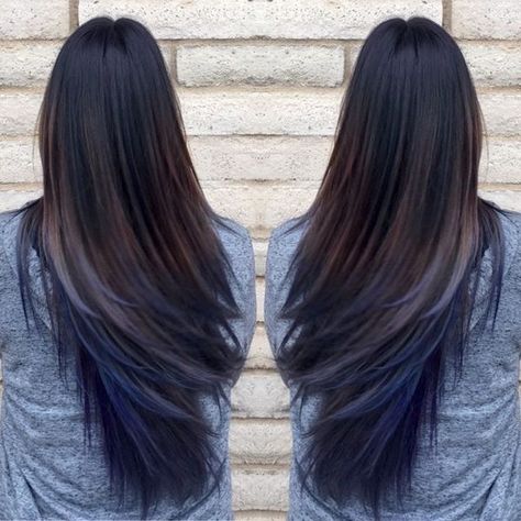 Brown hair with blue underneath                                                                                                                                                     More Blue Brown Hair, Long Straight Black Hair, Oil Slick Hair, Blue Ombre Hair, Straight Black Hair, Blue Streaks, Blue Highlights, Ombre Hair Color, Brown Ombre