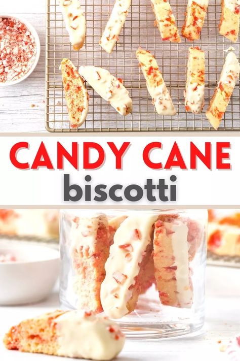 This biscotti recipe mixes crushed candy canes into the dough for Christmas cheer! Dip in white chocolate or don't, they are delicious with a cup of hot cocoa or coffee! Peppermint Biscotti, Christmas Biscotti, Easy Biscotti Recipe, Candy Cane Recipe, Cup Of Hot Cocoa, Christmas Yummies, Brunch Bread, Xmas Treats, Biscotti Cookies