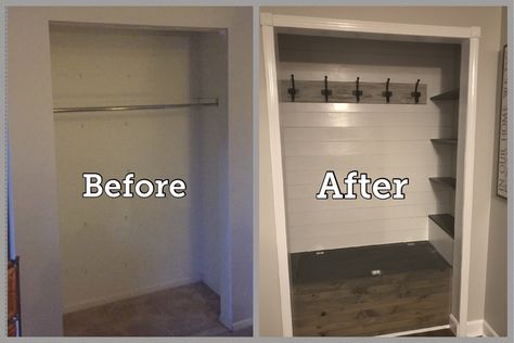 Coat Closet Space Saving Ideas, Removing A Closet, Small Closet Redo, Closet Turned Mudroom, Small Closet Hacks, Front Hall Closet, Mudroom Closet, Closet Makeover Diy, Hallway Closet