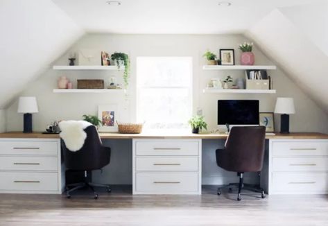 23 IKEA Desk Hacks for Customizing Your Workspace Long Ikea Desk, Ikea Alex Double Desk, Double Desk Ikea Hack, Kids Desk Ikea Hack, Diy File Cabinet Desk, Ikea Workspace Ideas, Ikea Double Desk, Ikea Countertop Desk, Bureau Hack Ikea