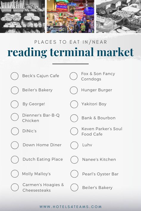 There are so  many choices when it comes to eating at Reading Terminal Market in Philadelphia, Pennsylvania. This list narrows down some of the most popular. Yakitori Skewers, Roast Pork Sandwich, Italian Hoagie, Reading Terminal Market, Japanese Beer, Tuna Sandwich, Creole Recipes, Angus Beef, Corn Dogs