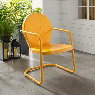 Turn on the Brights Griffith Patio Dining Chair Color: Tangerine Metal Outdoor Chair, Vintage Metal Chairs, Metal Patio Chairs, Metal Outdoor Chairs, Metal Outdoor Furniture, Metal Armchair, Chaise Metal, Metal Chair, Steel Chair