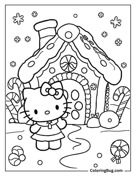 Hello Kitty Outside Gingerbread House Coloring Page Hello Kitty House Drawing, Cool Hello Kitty Drawing, Gingerbread Girl Coloring Page, Christmas Coloring Pages Free Printable Gingerbread Man, Gingerbread House Coloring Pages Free Printable, Coloring Books Pages, Diy Colouring Book, Cute Coloring Pages Hello Kitty, Coloring Pages Aesthetic Christmas