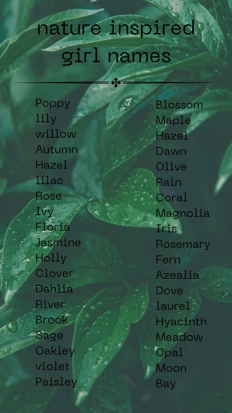 Earth Related Names, Nature Related Names, Pretty Nature Words, Names Meaning Green, Names Meaning Forest, Names That Mean Green, Nature Name Ideas, Nature Last Names, Names That Mean Nature