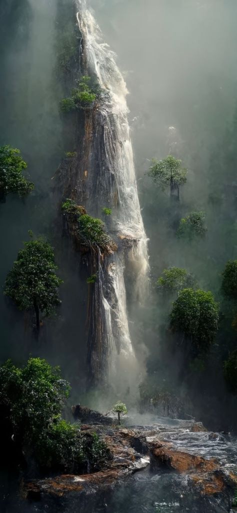 Dense Forest Photography, Waterfall Landscape Photography, Dense Forest Aesthetic, Forest Fog Aesthetic, Foggy Waterfall, Waterfall Fantasy Art, Beautiful Waterfalls Photography, Waterfalls Scenery, Waterfalls Aesthetic