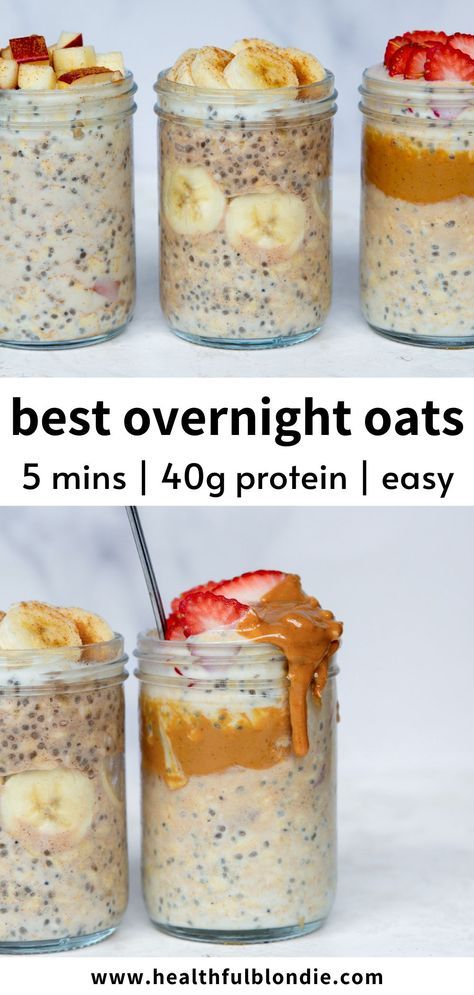 This high-protein overnight oats recipe has over 40 grams of protein per serving! Use any protein powder and choose from over 10 variations, including PB&J, apple pie, and banana bread—the perfect 5-minute healthy meal prep breakfast or snack. Healthy Lunch And Breakfast Ideas, Easy Morning Protein Shakes, Clean Meal Prep Ideas, Overnight Oats Recipe Macros, Aloha Protein Powder Recipes, Healthy Breakfast On The Go Clean Eating, Over Night Oats Meal Prep, Over Night Oats Protein, High Protein Cold Meals