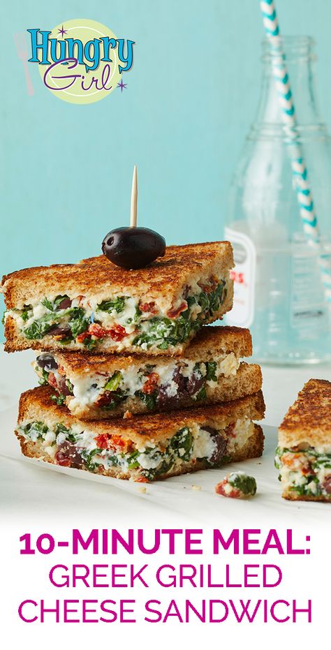 Greek Grilled Cheese, Greek Grilled Cheese Sandwich, Healthier Grilled Cheese, Feta Grilled Cheese Sandwich With Spinach, Spinach Artichoke Grilled Cheese Sandwich, Grilled Cheese With Arugula, 10 Minute Meals, Grill Cheese Sandwich Recipes, Hungry Girl Recipes