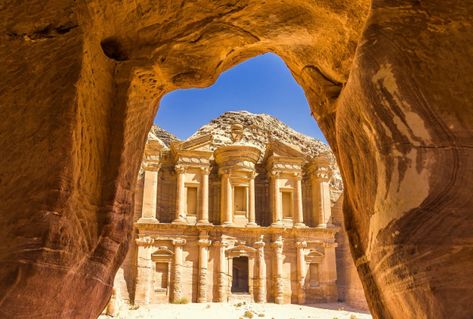 Stunning view from a cave of the ad deir - monastery in the ancient city of petra, jordan Premium Photo Terra Santa, New Seven Wonders, City Of Petra, Petra Jordan, Wadi Rum, Amman, Seven Wonders, Lost City, Stonehenge