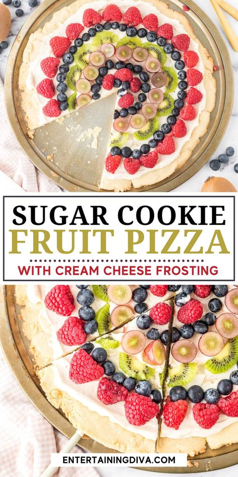 Sugar Cookie Fruit Pizza With Cream Cheese Frosting Fruit Pizza With Cream Cheese, Pizza With Cream Cheese, Fruit Pizza Icing, Sugar Cookie Fruit Pizza, Cookie Fruit Pizza, Cookie Pizza Recipe, Fruit Pizza Frosting, Sugar Cookie Pizza, Fruit And Cream