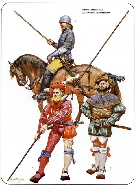 English border horseman with two German landsknecht mercenaries German Landsknecht, Battle Of Issus, Angus Mcbride, Ancient Macedonia, Roman Armor, History Illustration, Century Armor, Historical Warriors, Historical Illustration