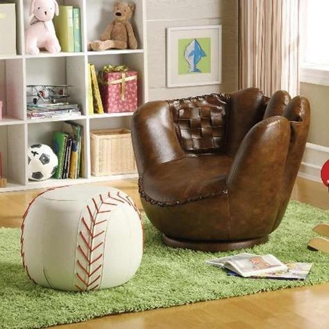 Baseball Chair, Baseball Themed Bedroom, Man Bedroom, Baseball Bedroom, Baseball Room, Boy Rooms, Ottoman Furniture, Faux Leather Chair, Chair Ottoman