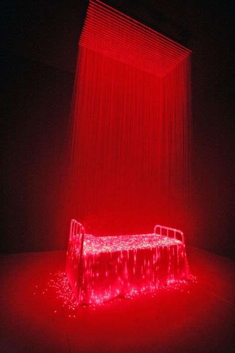 Bright Red Lights Illuminate a Bed Covered in Eerie Mist – Rania's Random Corner…. Red Lights, Laser Lights, Sculpture Installation, Light Installation, Stage Design, Samara, Red Aesthetic, Modern Technology, Art Plastique