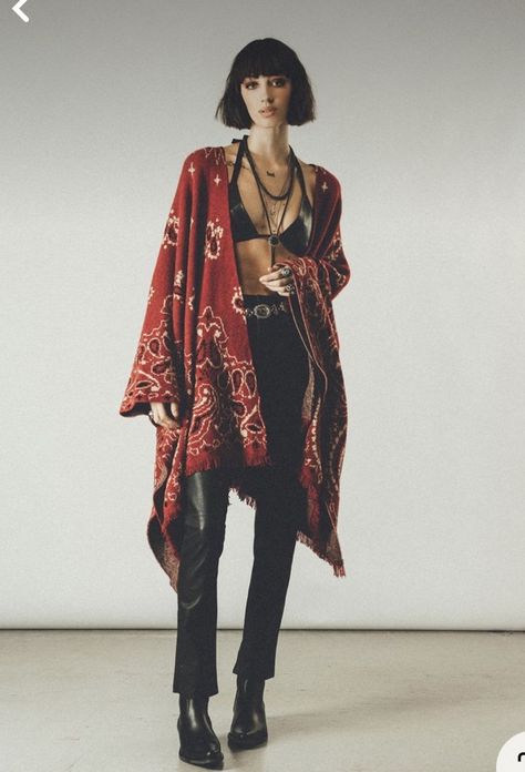 Western Poncho, Poncho Outfit, Red Kimono, Fringe Fabric, Western Outfits, Independent Designers Fashion, Punk Fashion, Kimonos, Western Fashion