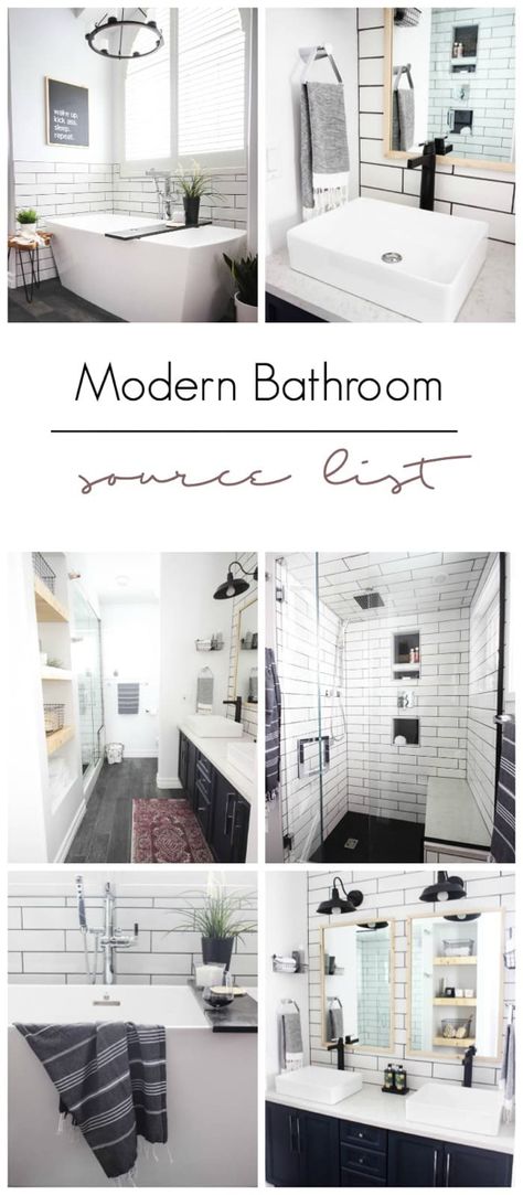 Modern Bathroom Reveal | Love Create Celebrate Bathroom Design Wood, Bathroom Industrial, Bathroom Accessories Design, Trendy Bathroom Tiles, White Faucet, Bathtub Tile, Matte Black Bathroom, White Subway Tiles, Industrial Bathroom