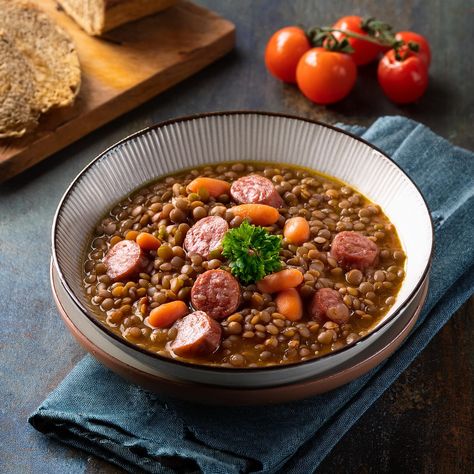 Lentil and Sausage Stew Lentils And Sausage Recipe, Lentil And Sausage, Broccoli Cauliflower Salad Recipes, Lentils And Sausage, Sausage Stew, Chili Sauce Recipe, Delicious Dinner Ideas, Marsala Chicken Recipes, Dried Lentils