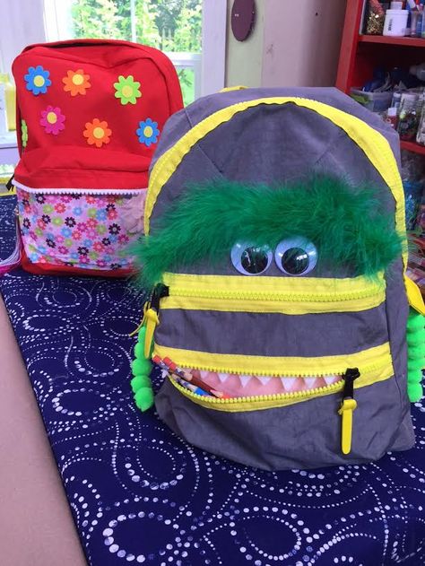 Monster Backpacks - Send your kiddos to school with this awesome backpack DIY by @tmemme28! Catch Home and Family weekdays at 10/9c on Hallmark Channel! Backpack Personalization Diy, Character Backpack For Students, Kids Backpack Diy, Preschool Backpack Boy, Kids Backpack Boys, Monster Backpack, Backpack Diy, Custom Backpack, Diy Backpack