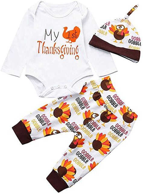 Amazon.com: GRNSHTS Baby Girls Boys 3Pcs "My 1st Thanksgiving " Thanksgiving Pants Set with Hat (White, 80 / 3-6 Months): Clothing Newborn Baby Boy Clothes, Boy Thanksgiving Outfit, My First Thanksgiving, 1st Thanksgiving, Turkey Print, Thanksgiving Baby Outfits, Thanksgiving Clothes, Girls Thanksgiving