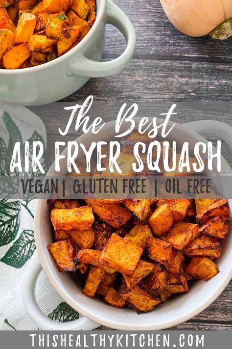 Learn how to make the very best air fryer butternut squash! Cut into cubes, these squash fries turn beautifully crispy and delicious. With savory and sweet options to suit any preference. PLUS, they're vegan, gluten free and oil free, too. Air Fryer Butternut Squash Fries, Air Fryer Squash, Air Fryer Butternut Squash, Squash Fries, Vegan Staples, Butternut Squash Cubes, The Best Air Fryer, Healthy Veggie, Best Air Fryer