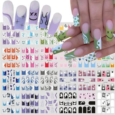 French Tip Nail Art Stickers,24 Sheets Colorful French Water Decals Transfer Nail Foil Designer Nail Art Supplies Cute Heart Star Cartoon Designs DIY nail Accessories Manicure Decorations for Women Girls https://amzn.to/3KcffCF Star Cartoon, Graffiti Nails, French Tip Nail Art, Cartoon Designs, Nail Foil, Colorful French, Transparent Nails, Foil Nails, Nail Art Supplies