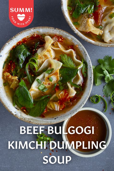 Beef Bulgogi Kimchi Dumpling Soup. You wouldn't believe how easy it is to make. Keep SUMM! Bulgogi Beef Dumplings on hand and whip this up in minutes! Beef Dumpling Soup Recipe, Gukbap Recipe, Bulgogi Soup, Bulgogi Dumplings, Beef Dumpling Soup, Mandu Soup, Beef Gyoza, Mandu Recipe, Beef Dumplings