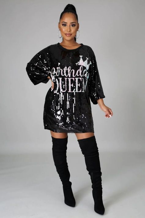 Birthday Queen Sequins Shirt Dress Sequin T Shirt Dress, Sequin Shirt Dress, Sequin Tshirt, Birthday Outfit For Women, Outfit Birthday, Queen Outfit, Birthday Queen, Sequin Shirt, Queen Dress