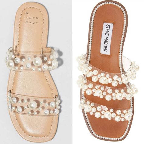 Steve Madden Pearl Sandals, Pearl Flat Sandals, Steve Madden Sandals Outfit, Pearl Sandals Wedding, Clear Flats, Sandals With Pearls, How To Wear Pearls, Bridal Flat Sandals, Slides Outfit