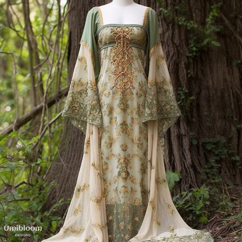 Elven Dress Gowns Woodland, Fantasy Aesthetic Outfits Fairy, Celtic Fantasy Outfit, Elven Fantasy Dress, Celtic Dress Medieval, Unibloom Dress, Elven Dress Gowns, Fantasy Elf Dress, Spring Court Dress