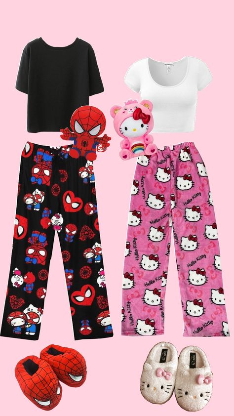 Matching Pjamamas Couples, Spider Man Pjs, Spiderman X Hello Kitty, Dr Pajamas, Pjs Ideas, Spiderman And Hello Kitty, Bae Ideas, Spider Kitty, Hello Kitty Boy