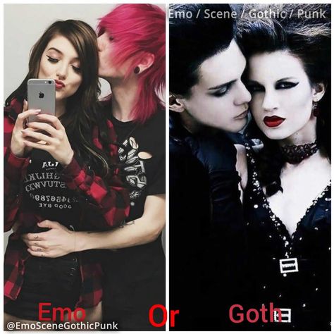 Emo Couple VS Goth Couple ❤🖤 . #emo #scene #gothic #punk #emohair #emogirl #emoboy #emokid #scenehair #scenegirl #sceneboy #scenekid #gothgirl #gothgoth #gothfashion #gothmakeup #gothstyle #gothicstyle #gothgirls #gothboy #gothicfashion #gothicgirl #emomemes #emofashionclub #emoscenegothicpunk #alternative Emo Vs Goth, Emo Couple, Goth Couple, Punk Hairstyles, Emo Couples, Alternative Subcultures, Scene Makeup, Scene Boys, Goth Boy