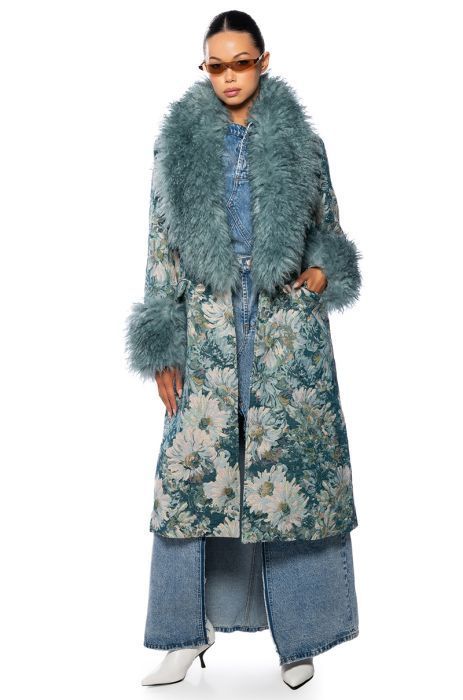 FLEUR LANE BROCADE TRENCH COAT curated on LTK Spring Denim Jacket, Trendy Blazers, Heavy Winter Coat, Faux Fur Shawl, Fur Cuffs, Black And White Cardigans, Scarf Jacket, Fur Shawl, Embellished Denim