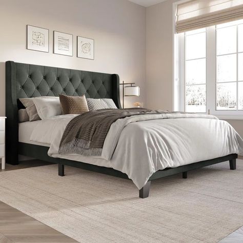 Adelfina Corduroy Upholstered Bed curated on LTK Charcoal Headboard, Bed Color, Bedroom Furniture Makeover, Grey Headboard, Wingback Bed, Fabric Headboard, Upholstered Panel Bed, Bedroom Style, Green Bedding